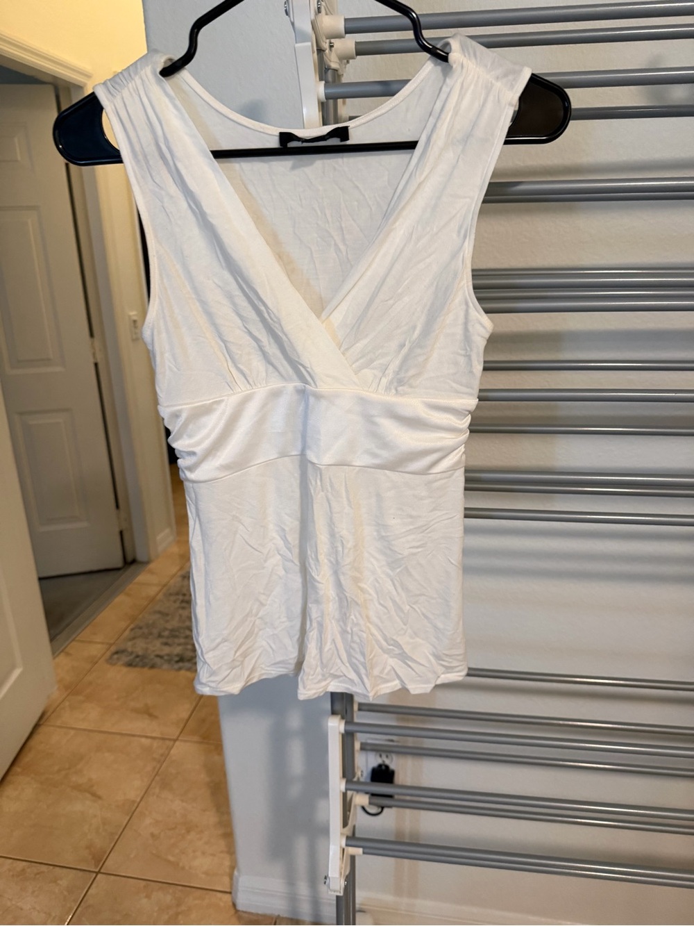 Off- White Sleeveless V-Neck Ruched Front Tank Top